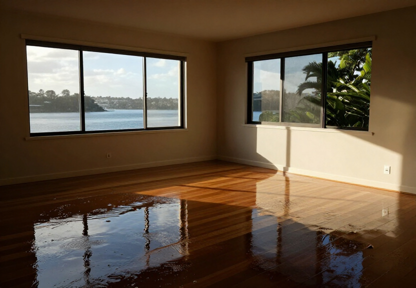Flooded living room in East Ryde with waterlogged carpet and furniture