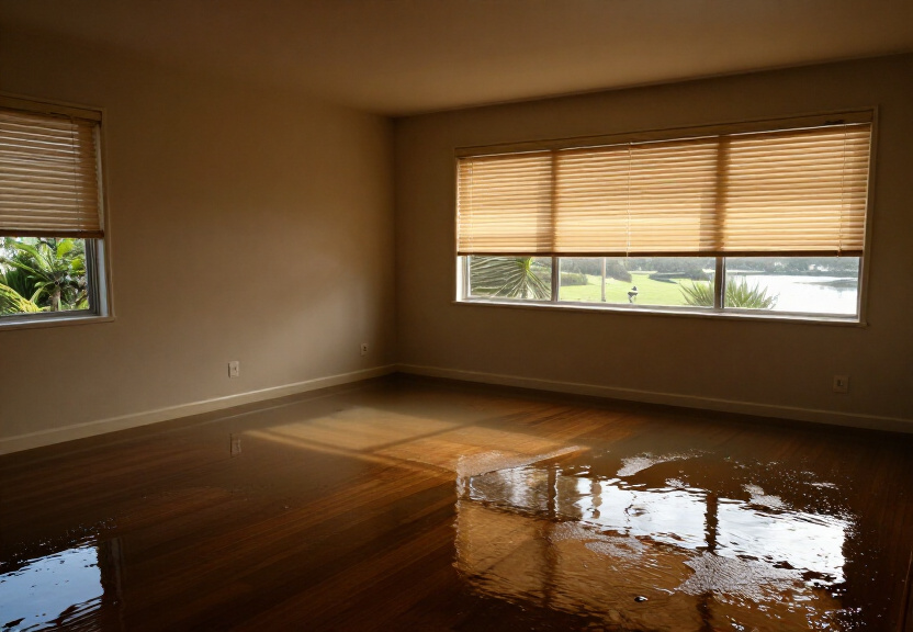 Water-damaged office space in East Ryde with soaked carpets and damaged drywall